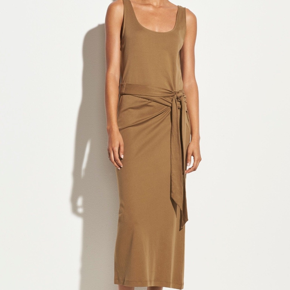 VINCE SLEEVELESS TIE FAUX WRAP PIMA COTTON IN TIMBER MIDI DRESS SIZE S $225